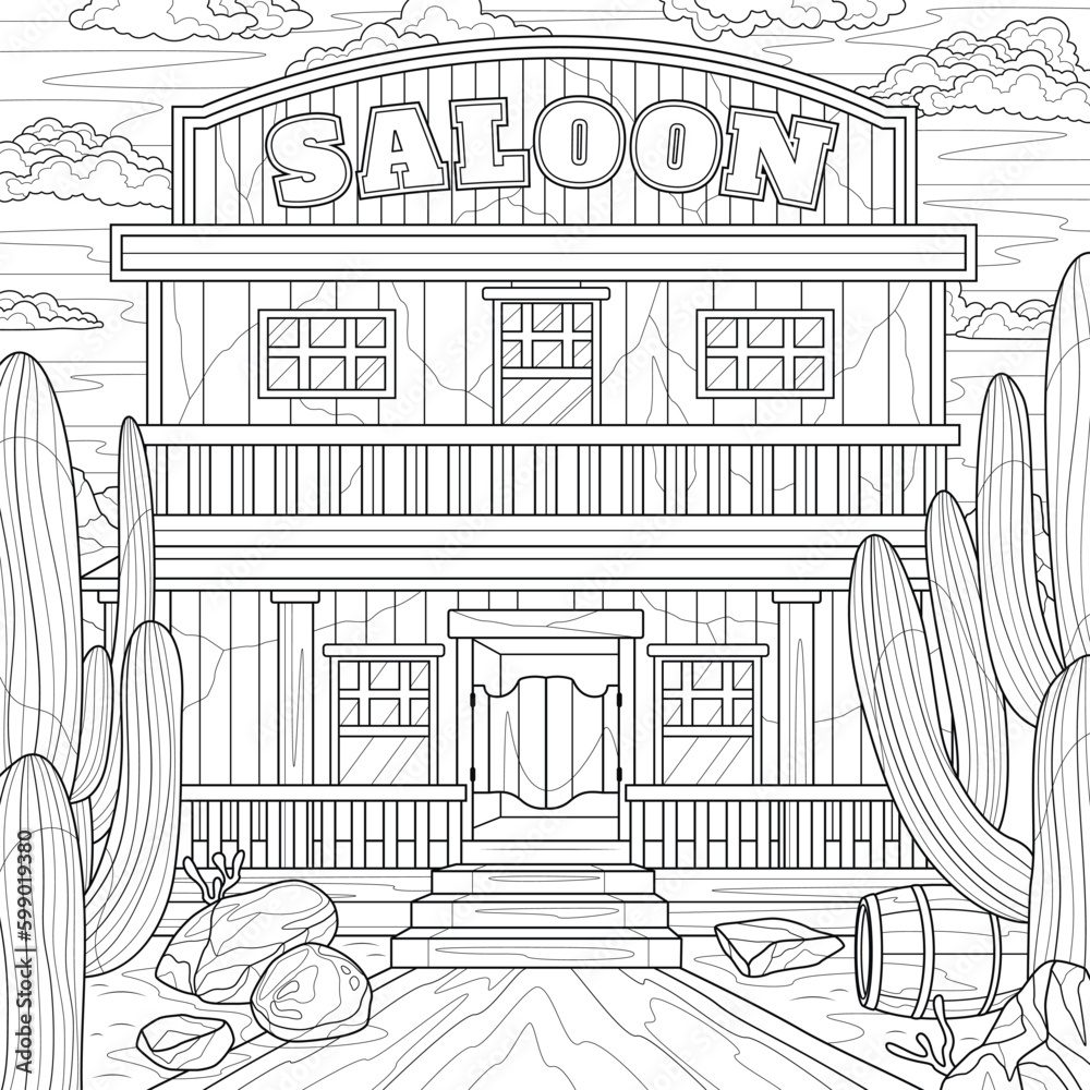 Obraz premium Saloon and cacti. Wild West.Coloring book antistress for children and adults. Illustration isolated on white background.Zen-tangle style. Hand draw
