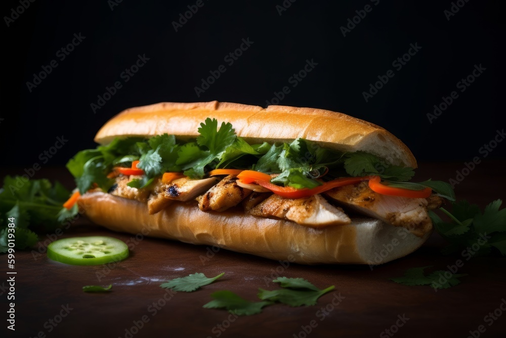 banh mi with grilled chicken and a variety of fresh herbs banh mi with grilled chicken and a variety of fresh herbs