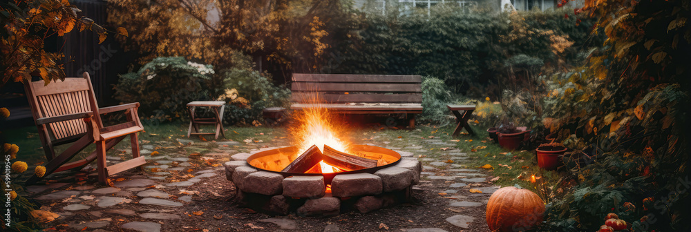 Bonfire In Cozy Autumn Backyard Warm Fall Gathering. Panoramic Banner. Generative AI