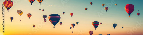 Colorful Hot Air Balloons In The Sky Summer Festival Atmosphere. Panoramic Banner. Generative AI