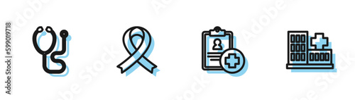Set line Patient record, Stethoscope, Awareness ribbon and Hospital building icon. Vector