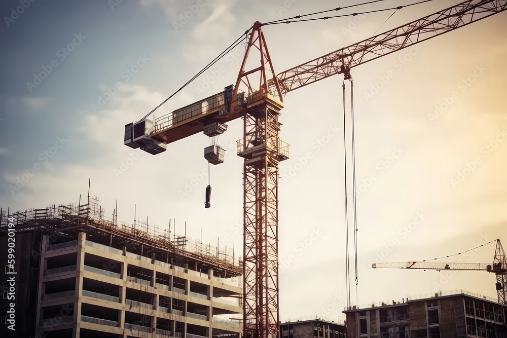 Crane Hoisting Heavy Load On Construction Site. Generative AI