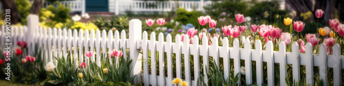 White Picket Fence With Spring Flowers Traditional Spring Setting. Panoramic Banner. Generative AI