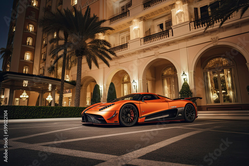 Modern car near luxury hotel in city. Sportcar parked next to facade of an expensive beautiful house. Life of wealthy people. Created with Generative AI © Lazy_Bear