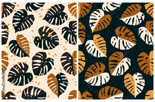 Modern Mostera Leaves Seamless Vector Pattern. Simple Tropical Leaves Design for Textile, Wrapping Paper. Simple Jungle Print with Hand Drawn Palm Leaves on a Beige and Dark Green Background.