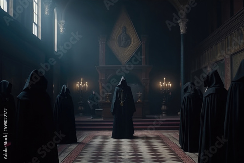 Secret society ceremony, people in hoods praying together. Members of sect perform the ritual in dark hall. Dark Religion and magical Occultism. Created with Generative AI