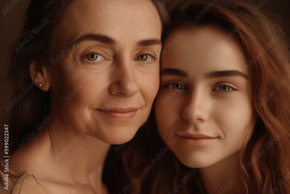 Cheerful woman and young girl looking at camera. Mother and daughter portrait on pastel background. Good relationship between mom and child in the family. Created with Generative AI Cheerful woman and young girl looking at camera. Mother and daughter portrait on pastel background. Good relationship between mom and child in the family. Created with Generative AI