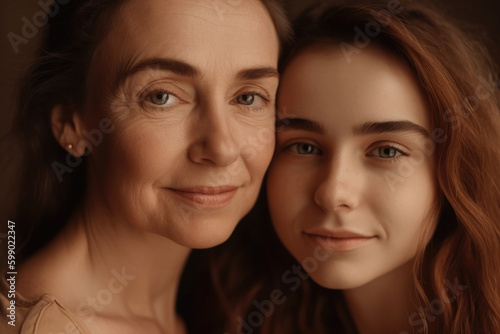 Cheerful woman and young girl looking at camera. Mother and daughter portrait on pastel background. Good relationship between mom and child in the family. Created with Generative AI