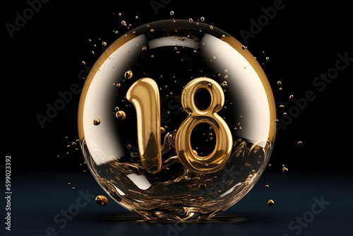 Gold Number 18 in a Clear Ice Bubble with a black background created with Generative AI Technology photo