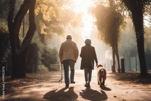 Walking old man and senior woman with dog. Outdoor morning walk together. Generative AI content
