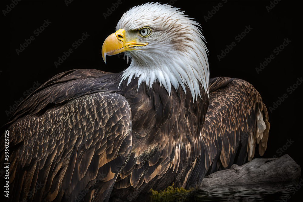 Fototapeta premium Close-up portrait of bald eagle on black background. Generative AI