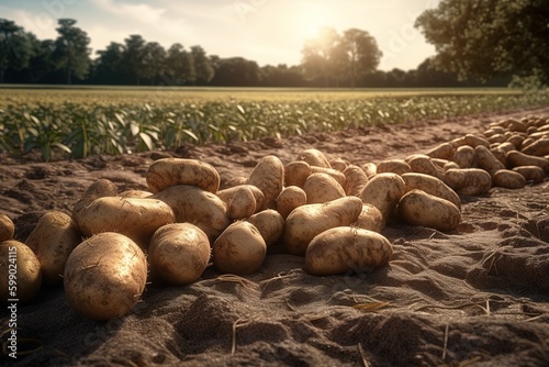 a mountain of potatoes placed on top of a sandy field. Generative AI photo