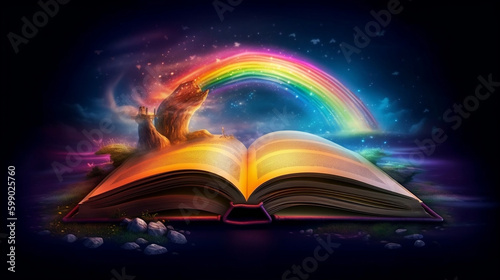 An open magic book with a magic rainbow. Generative AI. The Magic Book