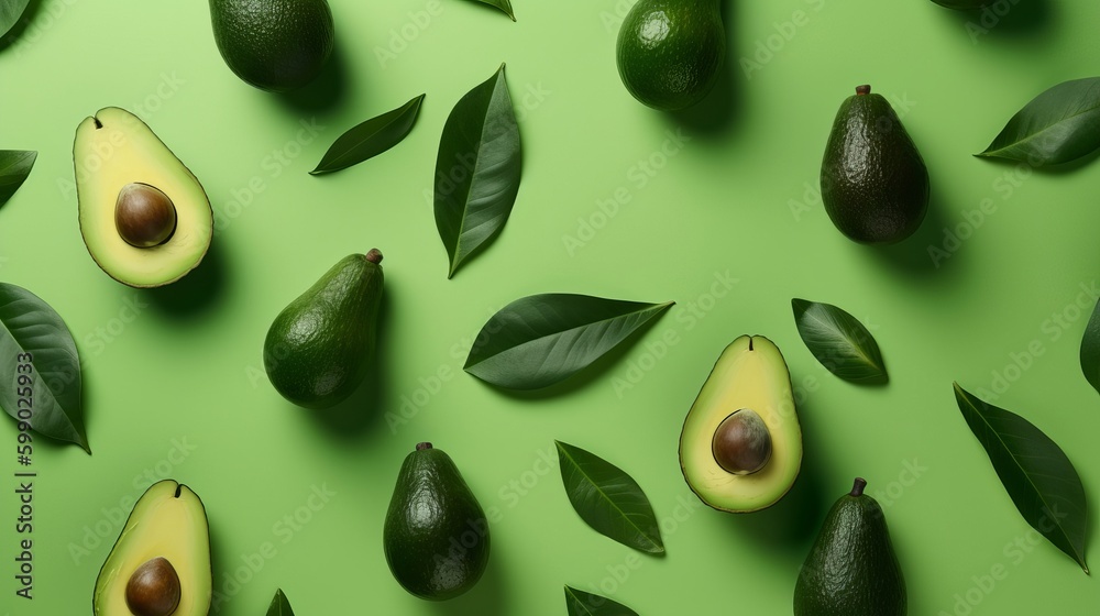 Fresh avocado pattern on a green background flat lay Generative AI