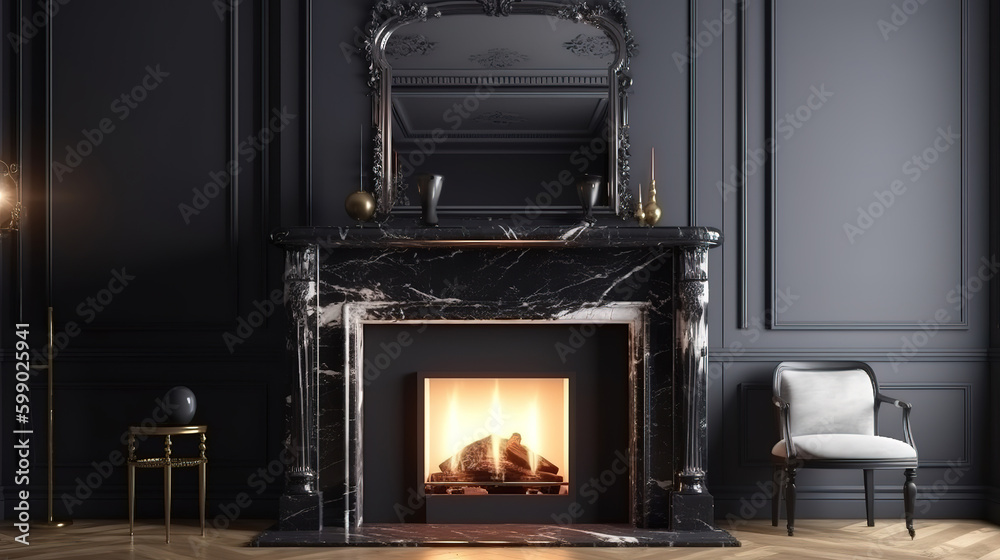 A classic interior is in dark tones with fireplace. Generative Ai - obrazy, fototapety, plakaty 
