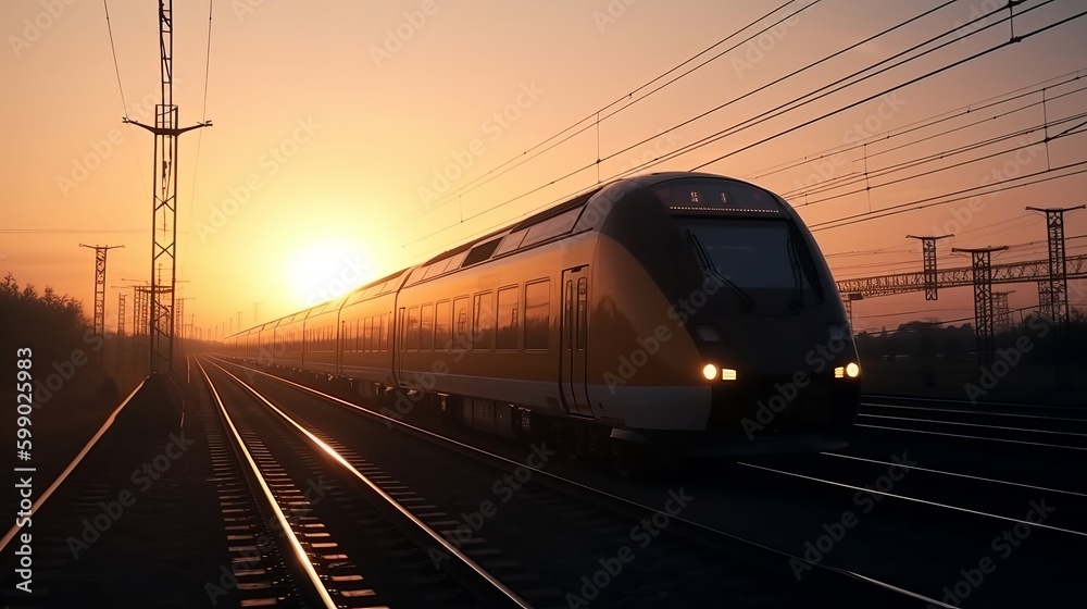 High speed train silhouette in motion at sunset. Fast moving modern passenger train on railway platform Generative AI