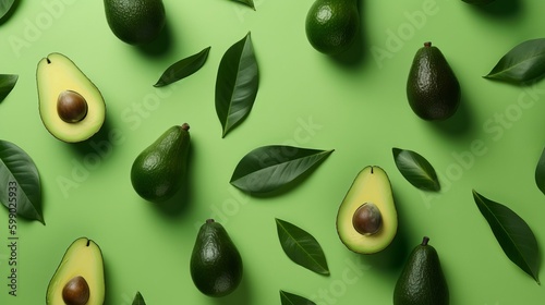 Fresh avocado pattern on a green background flat lay Generative AI