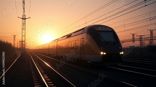High speed train silhouette in motion at sunset. Fast moving modern passenger train on railway platform Generative AI