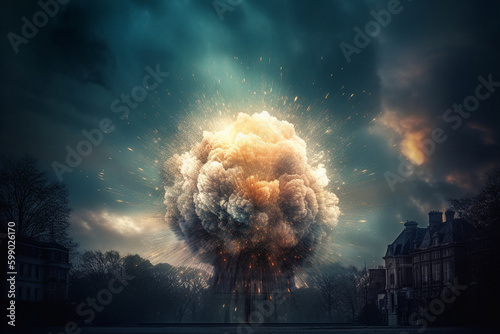 Big explosion with smoke on dark sky background. 3d rendering. Created with generative Ai photo