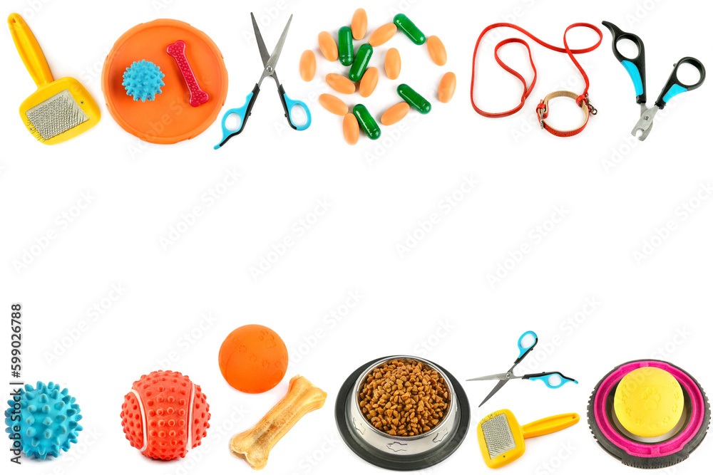 Dog toys, grooming and grooming supplies, pet food and medicines isolated on white . Collage. Free space for text.