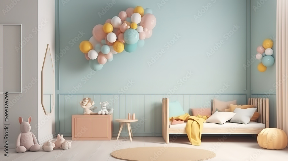 Children's room decorated with cute objects. Generative Ai