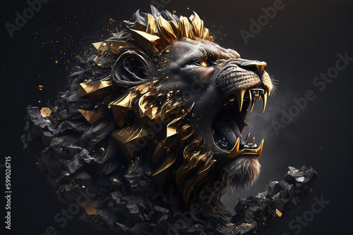  creative golden burning lion king head black style with soft mane and dark background. Generative AI.