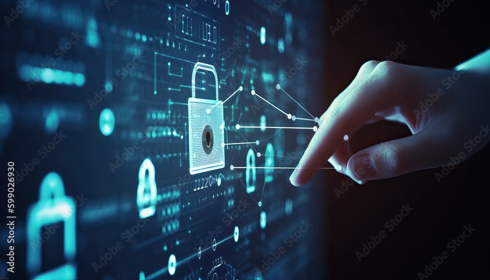 Cyber security, privacy and data storage protection. Document management system with password and encryption. Encrypted files on computer or server. Finger touching lock icon on electronic circuit Cyber security, privacy and data storage protection. Document management system with password and encryption. Encrypted files on computer or server. Finger touching lock icon on electronic circuit