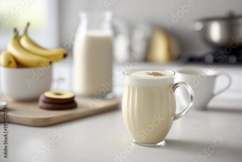 A minimalistic still life of a cup of banana milk coffee on a white table.