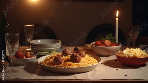meatballs and spaghetti on a dining table