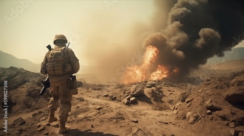 Military special forces cross the battlefield through fire and smoke in the desert, wide poster style photo