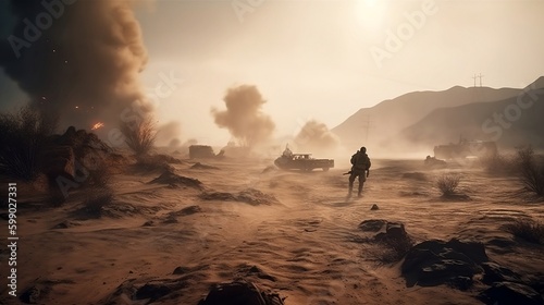 Military special forces cross the battlefield through fire and smoke in the desert, wide poster style © Emil