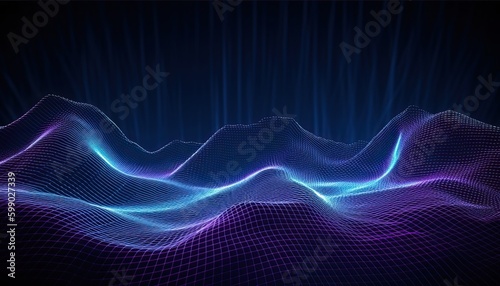 Technology background with connected dots on 3D wave landscape. Data science, particles, digital world, virtual reality, cyberspace, metaverse concept © Eli Berr