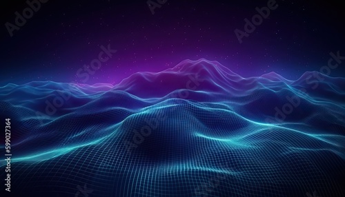 Technology background with connected dots on 3D wave landscape. Data science  particles  digital world  virtual reality  cyberspace  metaverse concept