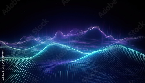 Technology background with connected dots on 3D wave landscape. Data science, particles, digital world, virtual reality, cyberspace, metaverse concept