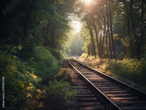 Forest trees along a railroad on an summer afternoon. Train tracks travel concept landscape background. generative Ai