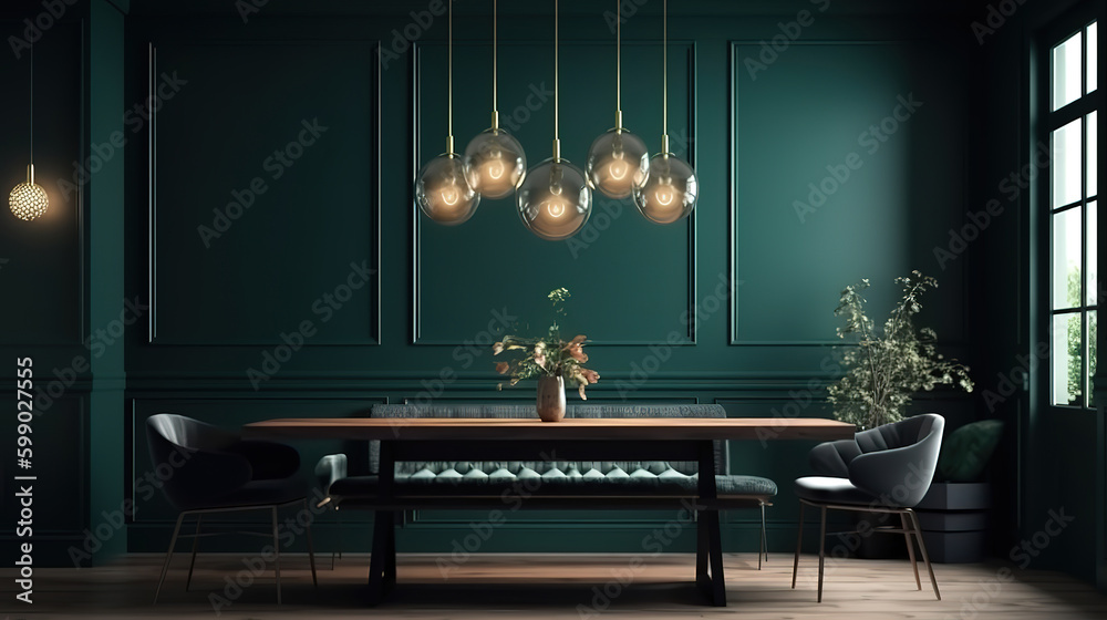 Obraz premium Cozy modern dining room interior in dark green colors. Generative Ai