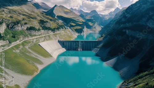 Water dam and reservoir lake in Swiss Alps mountains producing sustainable hydropower, hydroelectricity generation, renewable energy to limit global warming, aerial view, decarbonize, summer photo