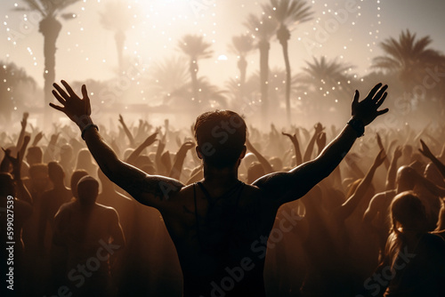 Party people. A young man stands with raised hands. Night dance party in a beach among palm trees. Crowd of thousands of people dance with their hands raised. Generative AI