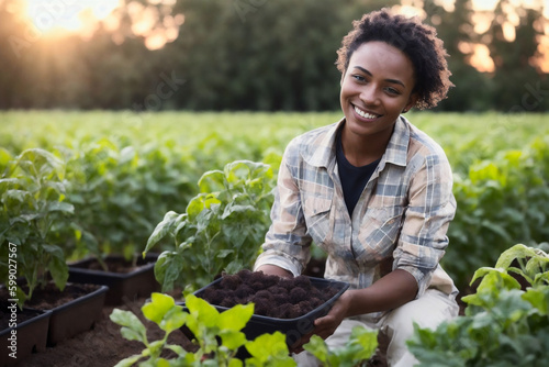 Portrait of the smiling happy young woman horticulturist eco farm worker on fertile soil with harvest organic potatoes. Concept of ecological environment. Generative AI