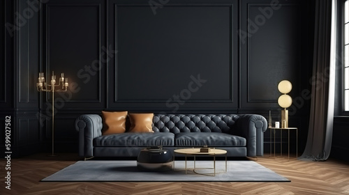 Frame mockup in home interior, luxury modern dark living room. Generative Ai © hassanmim2021