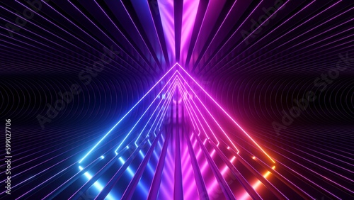 Fototapeta Naklejka Na Ścianę i Meble -  3d render. Abstract futuristic neon background. Metallic stripes and glowing pink blue laser lines. Ultraviolet spectrum. Geometric ultraviolet wallpaper