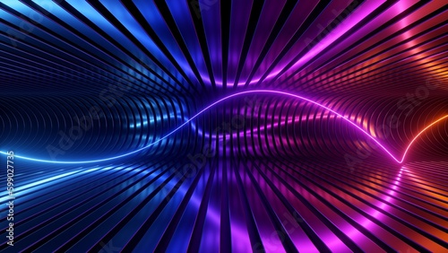 3d render. Abstract futuristic neon background. Rounded red blue spiral and helix, glowing against a backdrop of metal strips. Ultraviolet spectrum. Cyber space.
