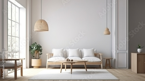 Wall mock up in white simple farmhouse living room interior. Generative Ai