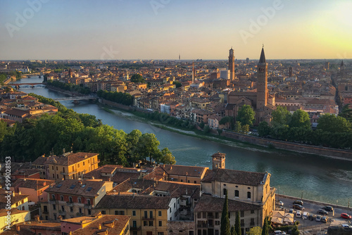 Cityscape and panoramic view at the Italian city of Verona with adige river from Castel San Pietro