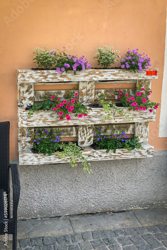 Obraz na płótnie Creative flower decoration in a refurbished Euro pallet w salonie
