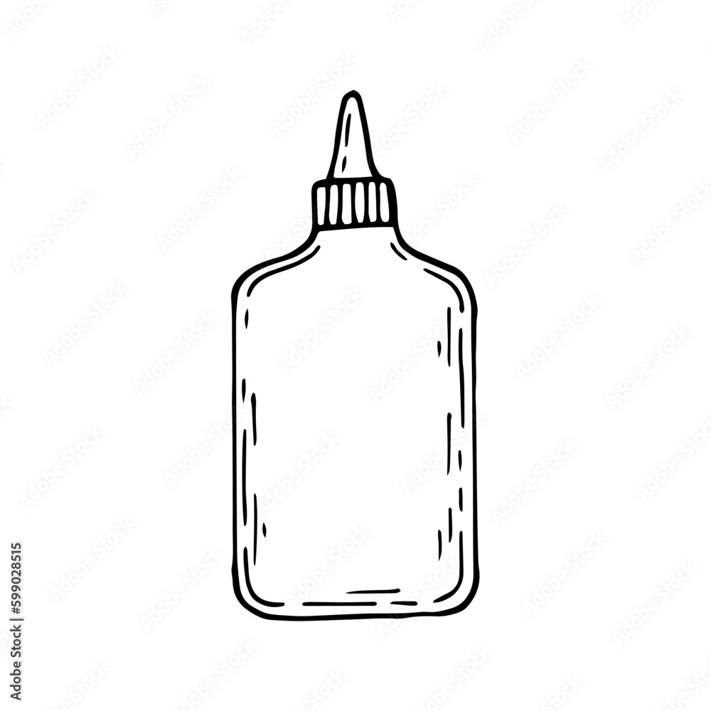 Stationery glue sketch. Bottle with adhesive liquid, pva line art. Hand drawn doodle vector illustration. - obrazy, fototapety, plakaty 