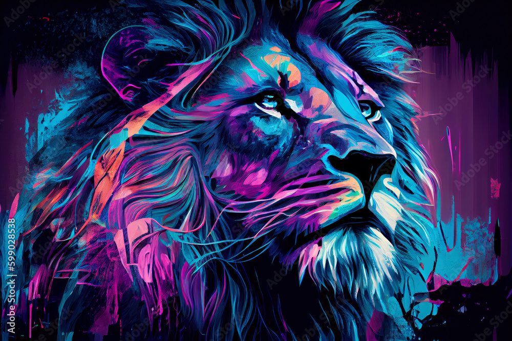 Beautiful lion in purple til tones generative ai