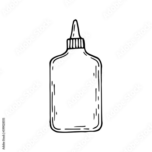 Stationery glue sketch. Bottle with adhesive liquid, pva line art. Hand drawn doodle vector illustration.