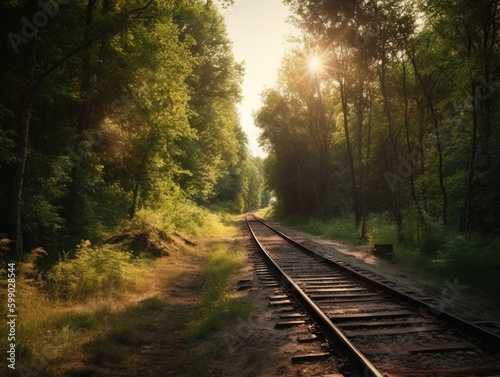 Forest trees along a railroad on an summer afternoon. Train tracks travel concept landscape background. generative Ai
