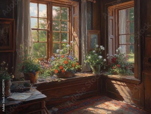 painting of a window showing flowers Generative Ai